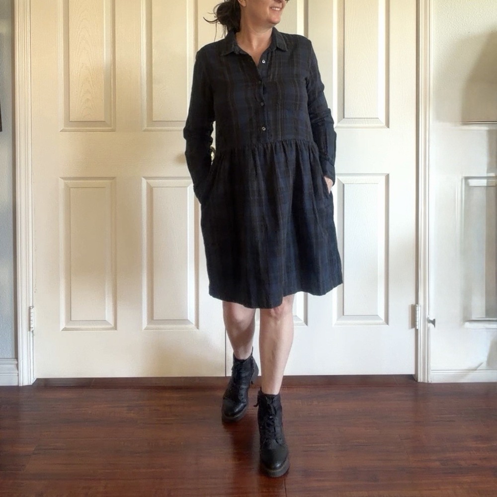 Gap Womens S Blue Black Plaid Shirt Dress Long Sleeve Collared Button Pockets